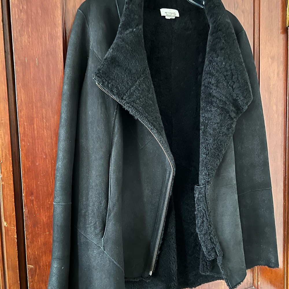 Helmut Lang “Wrecked” shearling coat, Medium, asymmetric zip, Black